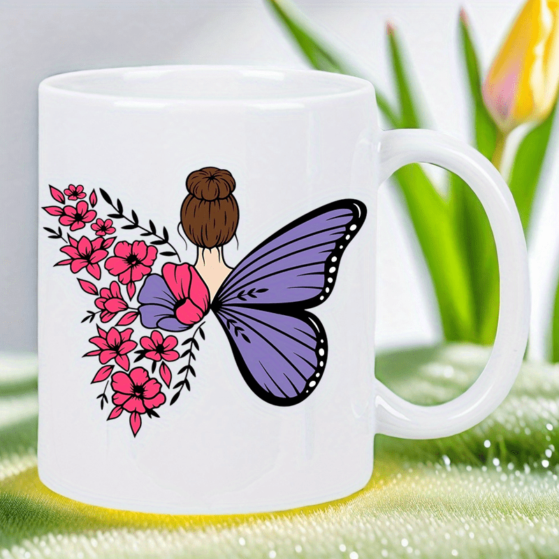Morning Tea Coffee - Caneca branca de cerâmica borboleta e